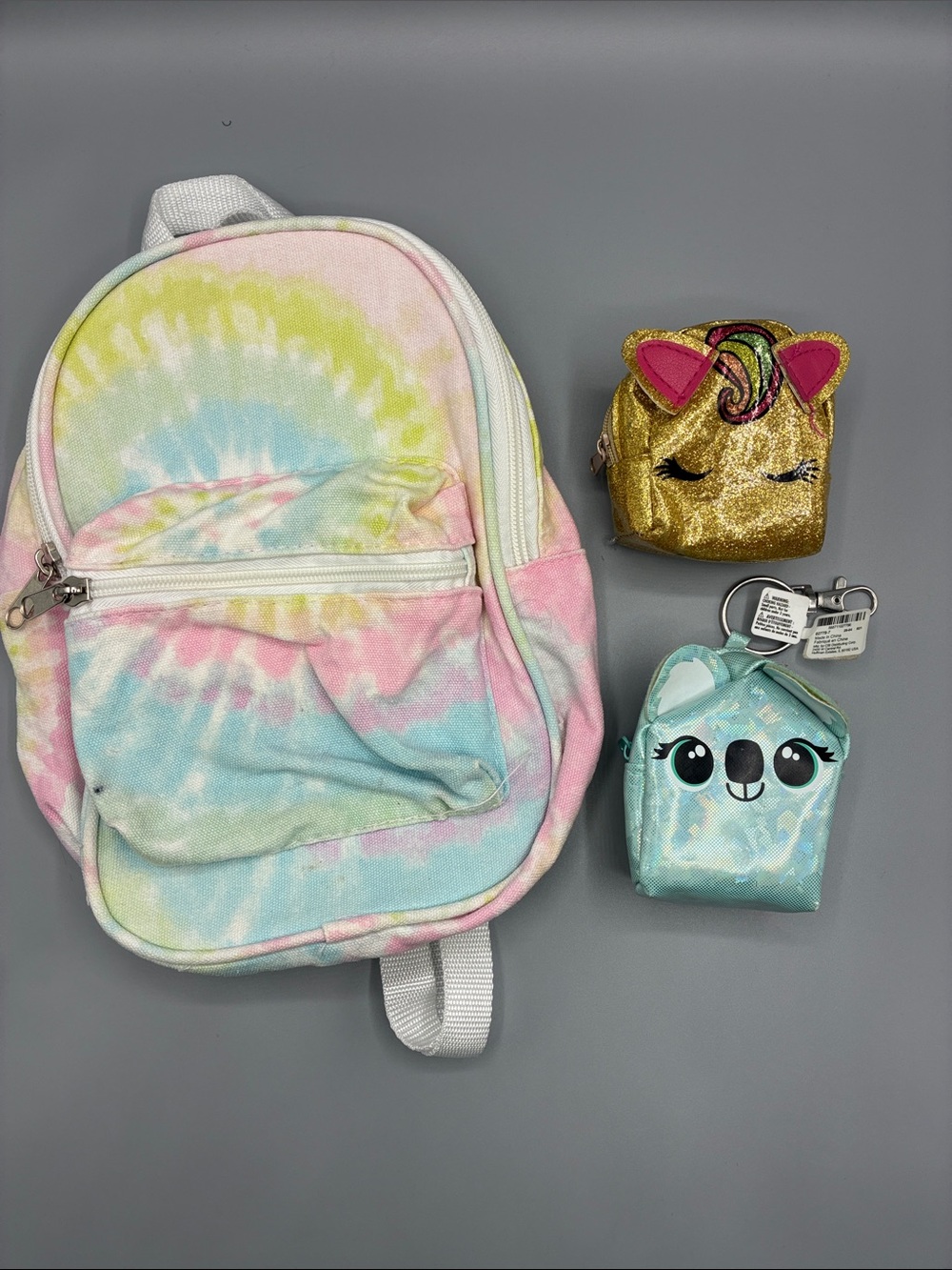 Justice Pastel Tie-Dye Backpack with Gold Unicorn & Teal Animal Key Pouches